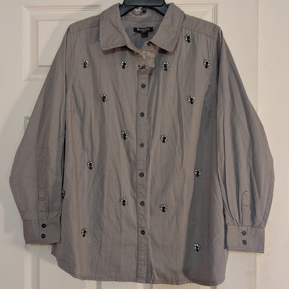 NWOT Roaman's Gray Embellished Button-Up Shirt Size 20W